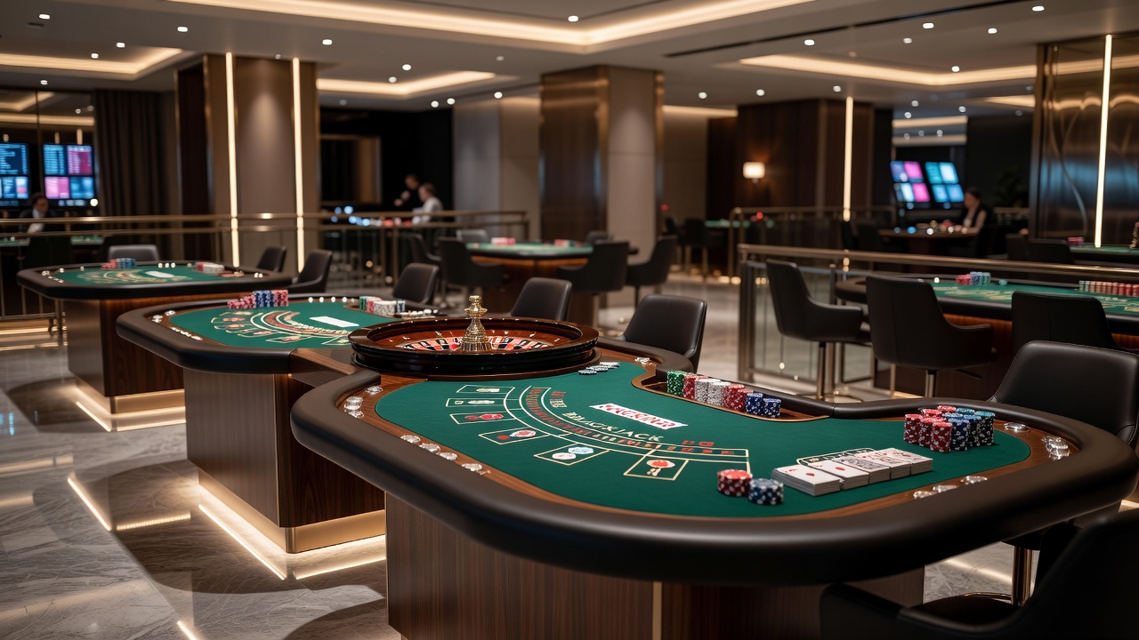 A vibrant casino floor featuring rows of slot machines and card tables under bright lights