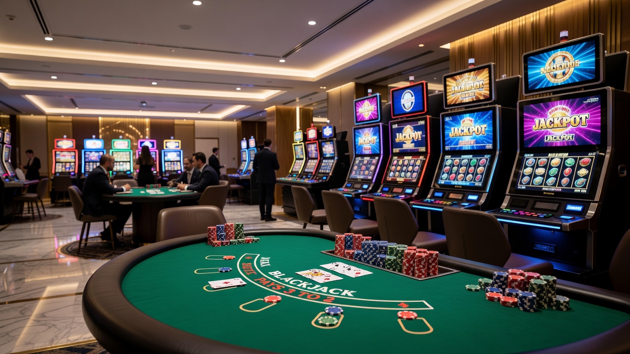 Close-up view of electronic gaming terminals and live dealer interfaces in a modern casino setting