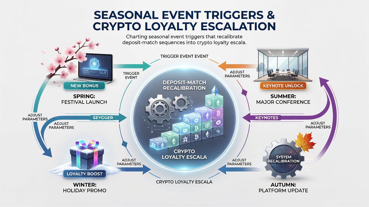Flowchart diagram illustrating deposit match recalibration into crypto loyalty escalators triggered by seasonal events