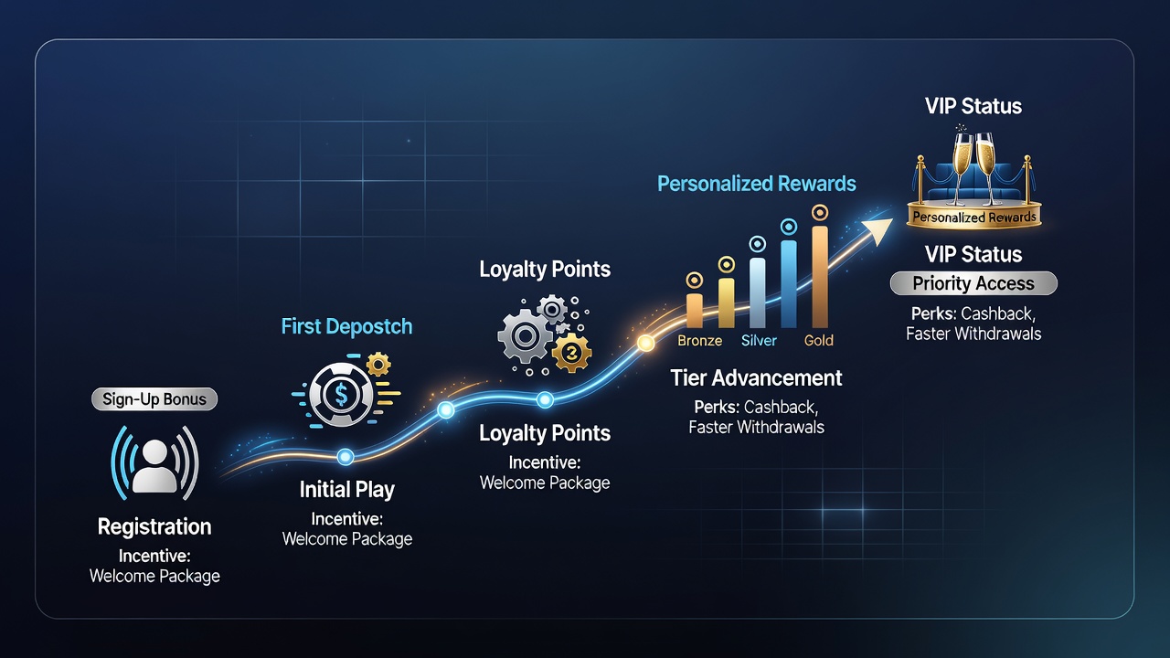 Flowchart illustrating how player activity metrics convert into loyalty points and unlock VIP benefits across virtual betting platforms
