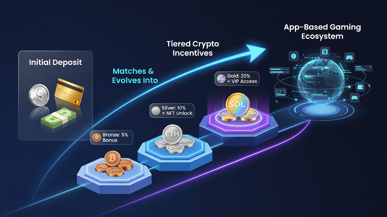 Illustration of player progression from initial deposit matches to tiered crypto rewards in mobile gaming apps