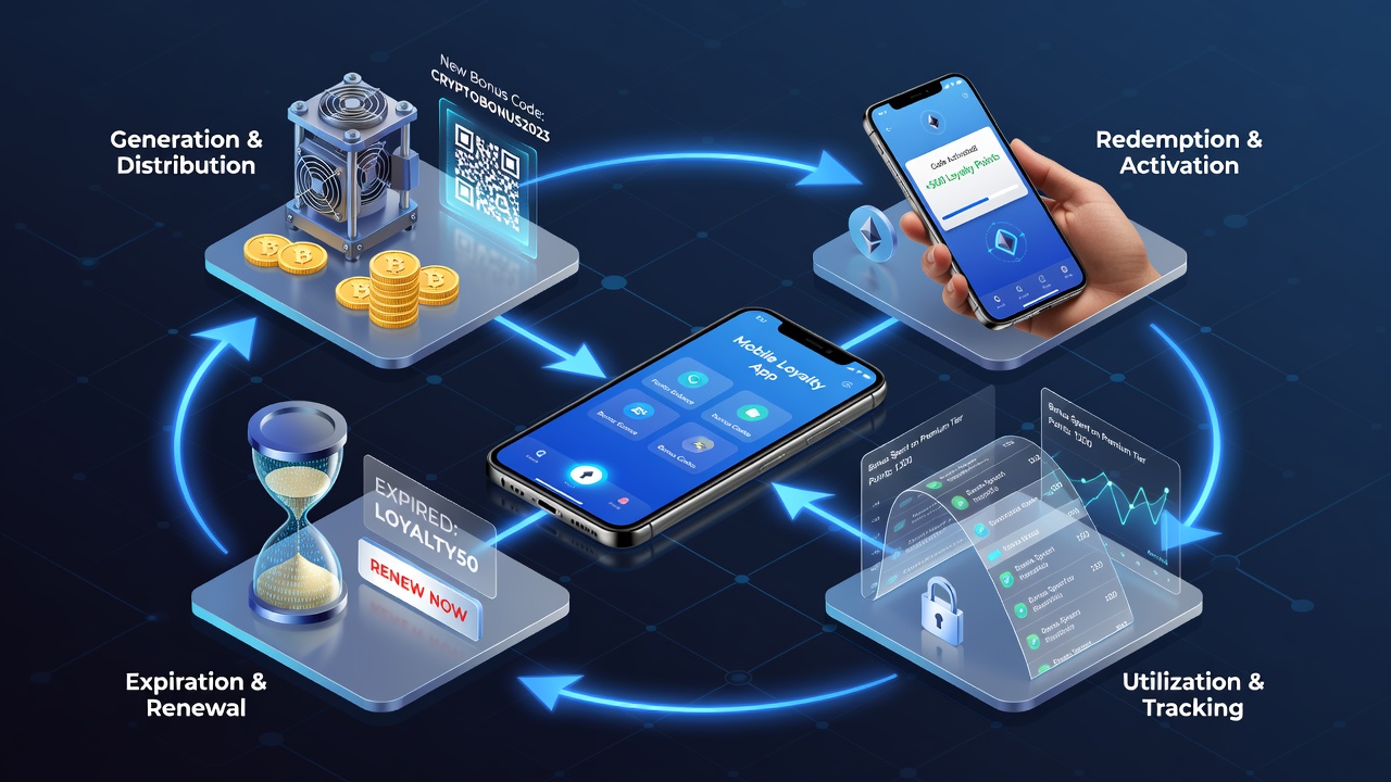 Crypto mobile loyalty app interface showing bonus code entry and reward tracking on smartphone screen