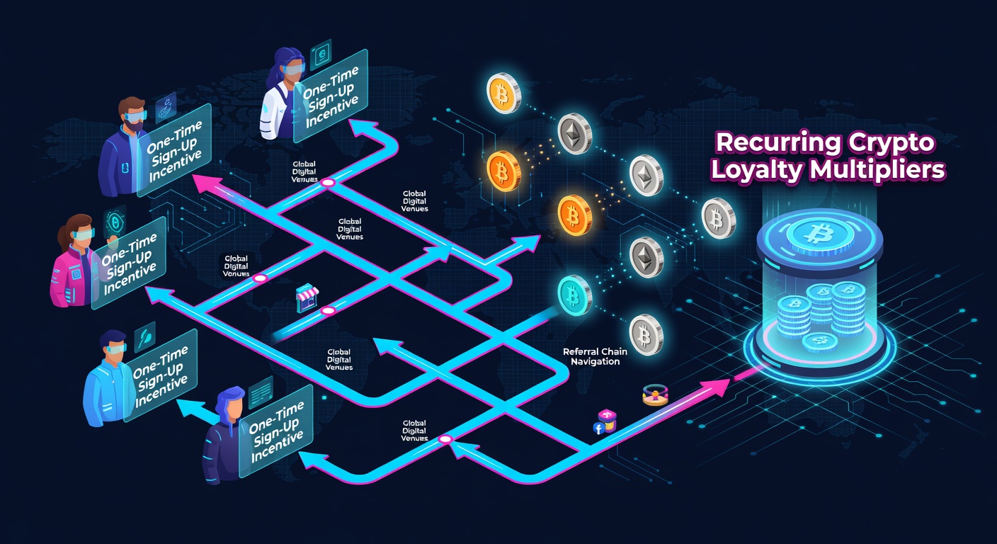 Illustration of interconnected referral networks linking initial crypto sign-up bonuses to ongoing loyalty reward systems in online gaming platforms