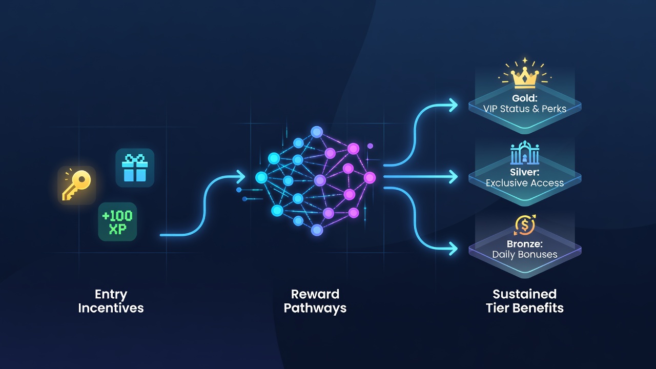 Flowchart illustrating loyalty tier progression and benefit unlocks in virtual gaming networks