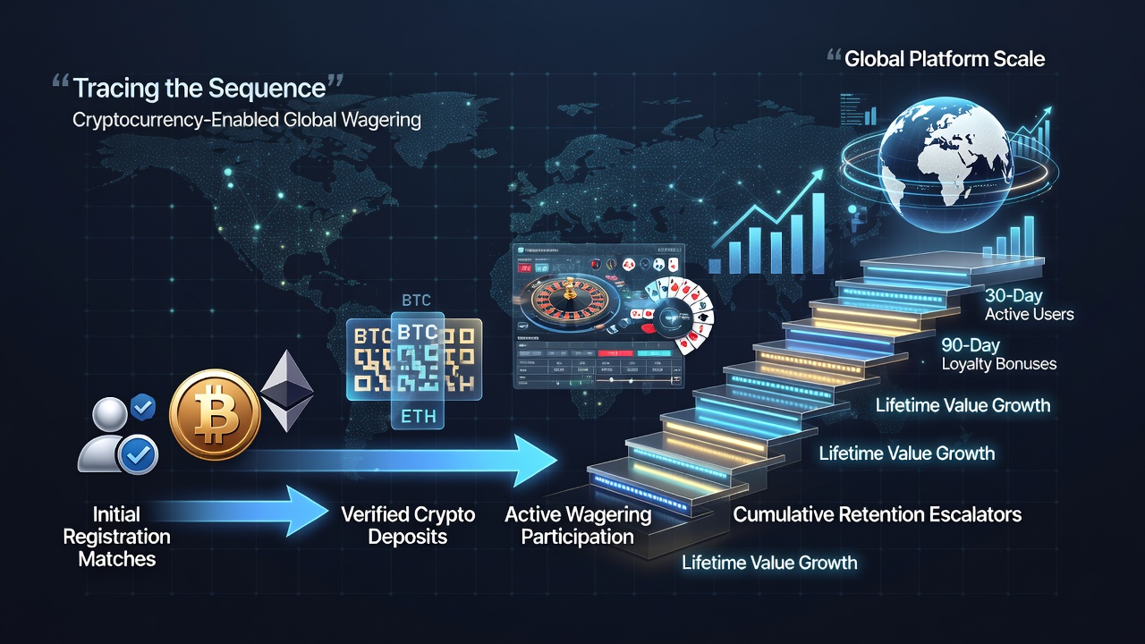 Flowchart showing progression from user registration bonuses through escalating loyalty tiers in crypto wagering platforms